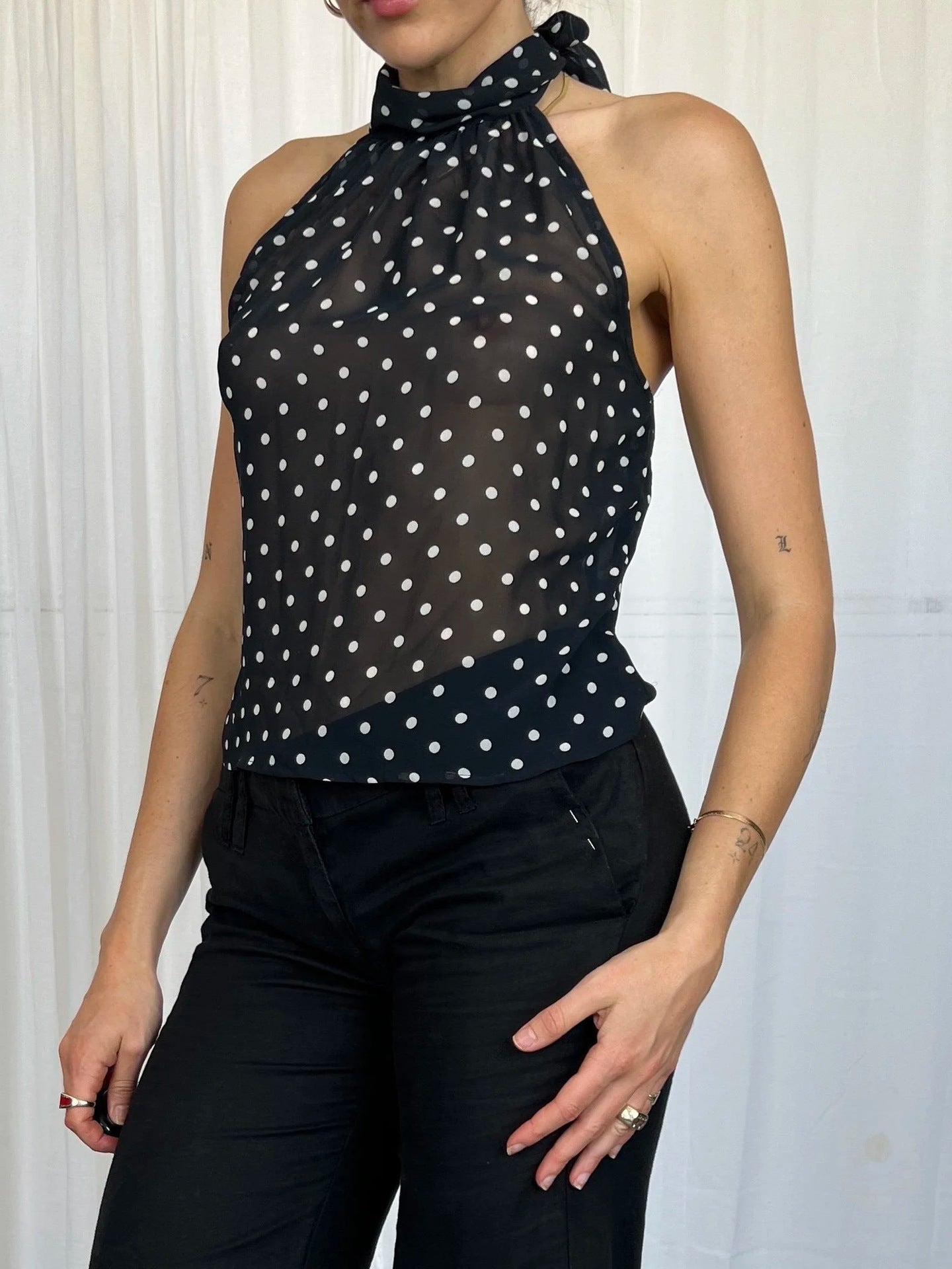 Slim Fit Polka Dot Halter Top with Sheer Finish