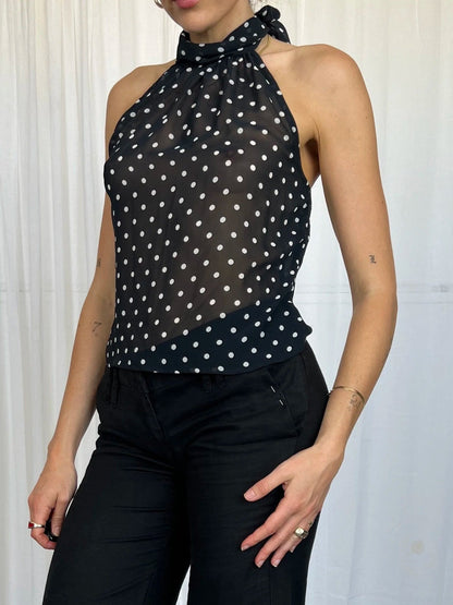 Slim Fit Polka Dot Halter Top with Sheer Finish