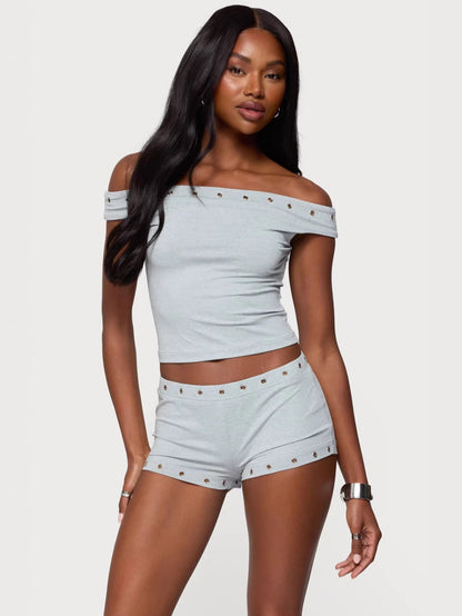 Bodycon Off-the-Shoulder Shorts Set with Rivet Detail