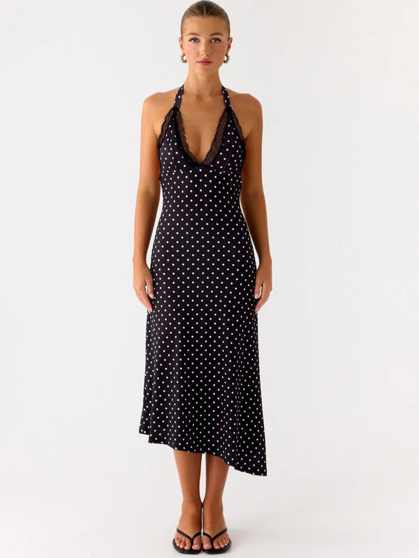 Polka Dot Halter Midi Dress with Lace Trim and Asymmetrical Hem