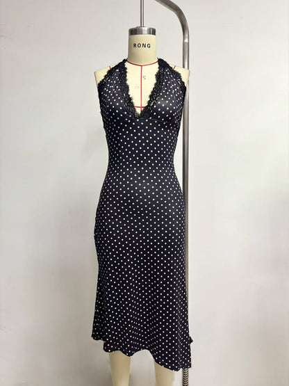Polka Dot Halter Midi Dress with Lace Trim and Asymmetrical Hem