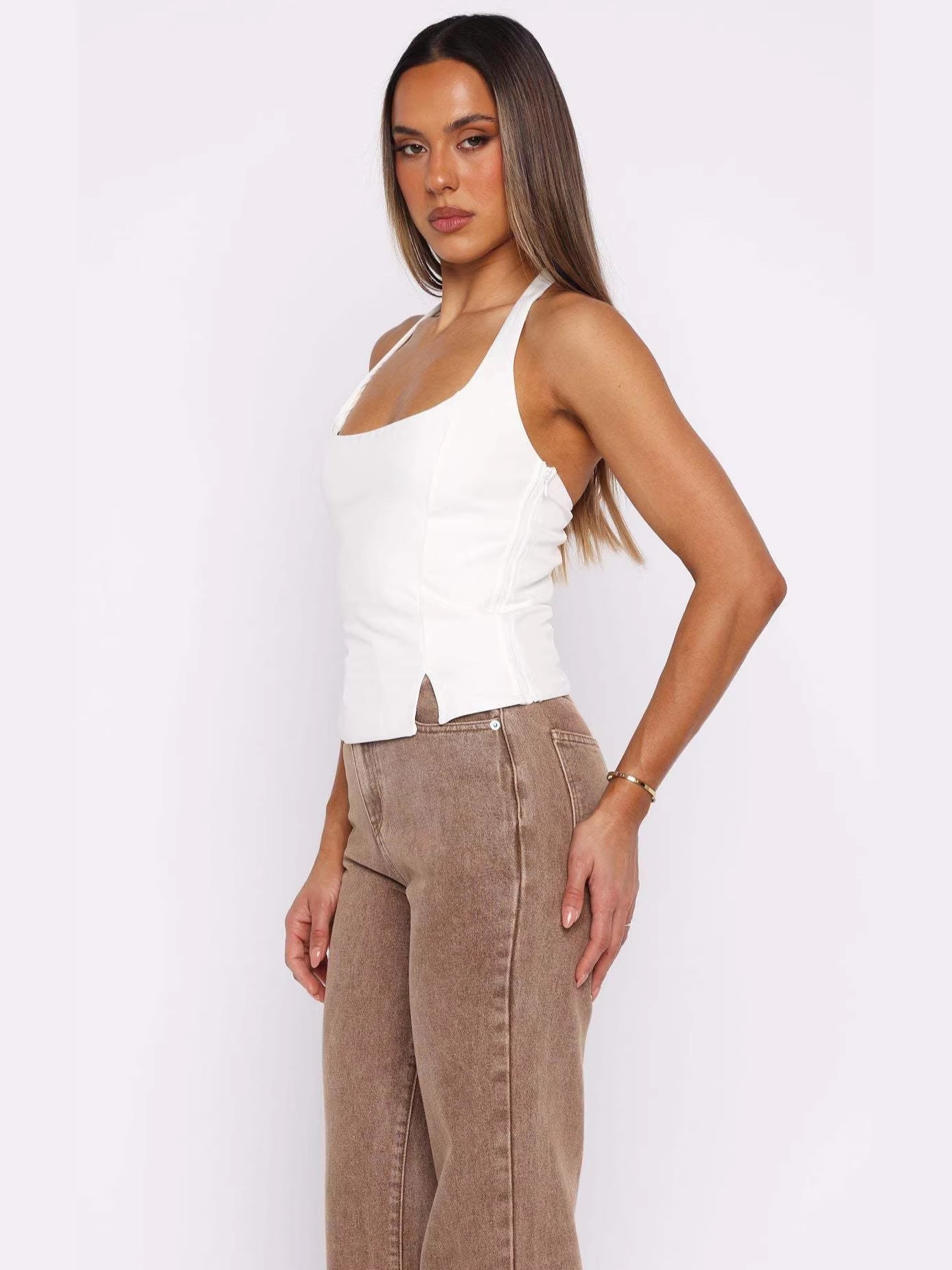 Slim Fit Halter Top with Square Neck and Side Slits