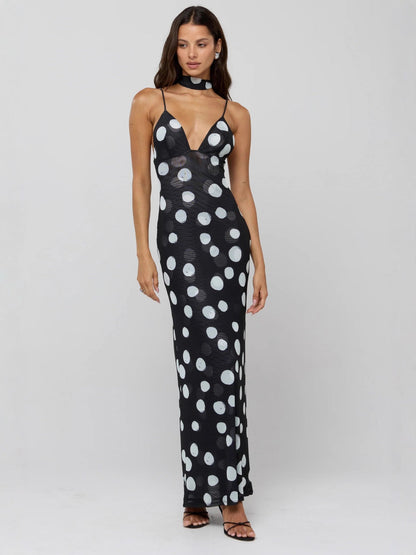 Polka Dot Slim-Fit Maxi Dress with Deep V-Neck and Scarf
