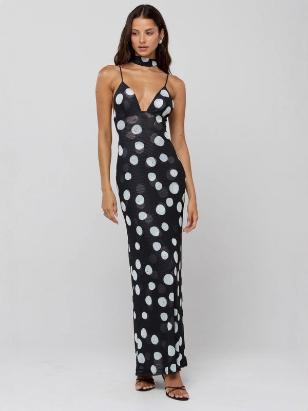 Polka Dot Slim-Fit Maxi Dress with Deep V-Neck and Scarf