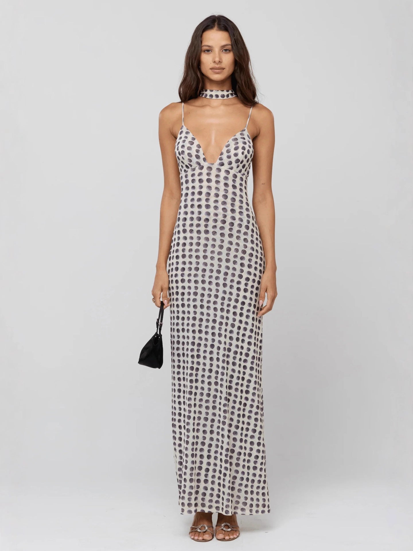 Polka Dot Slim-Fit Maxi Dress with Deep V-Neck and Scarf