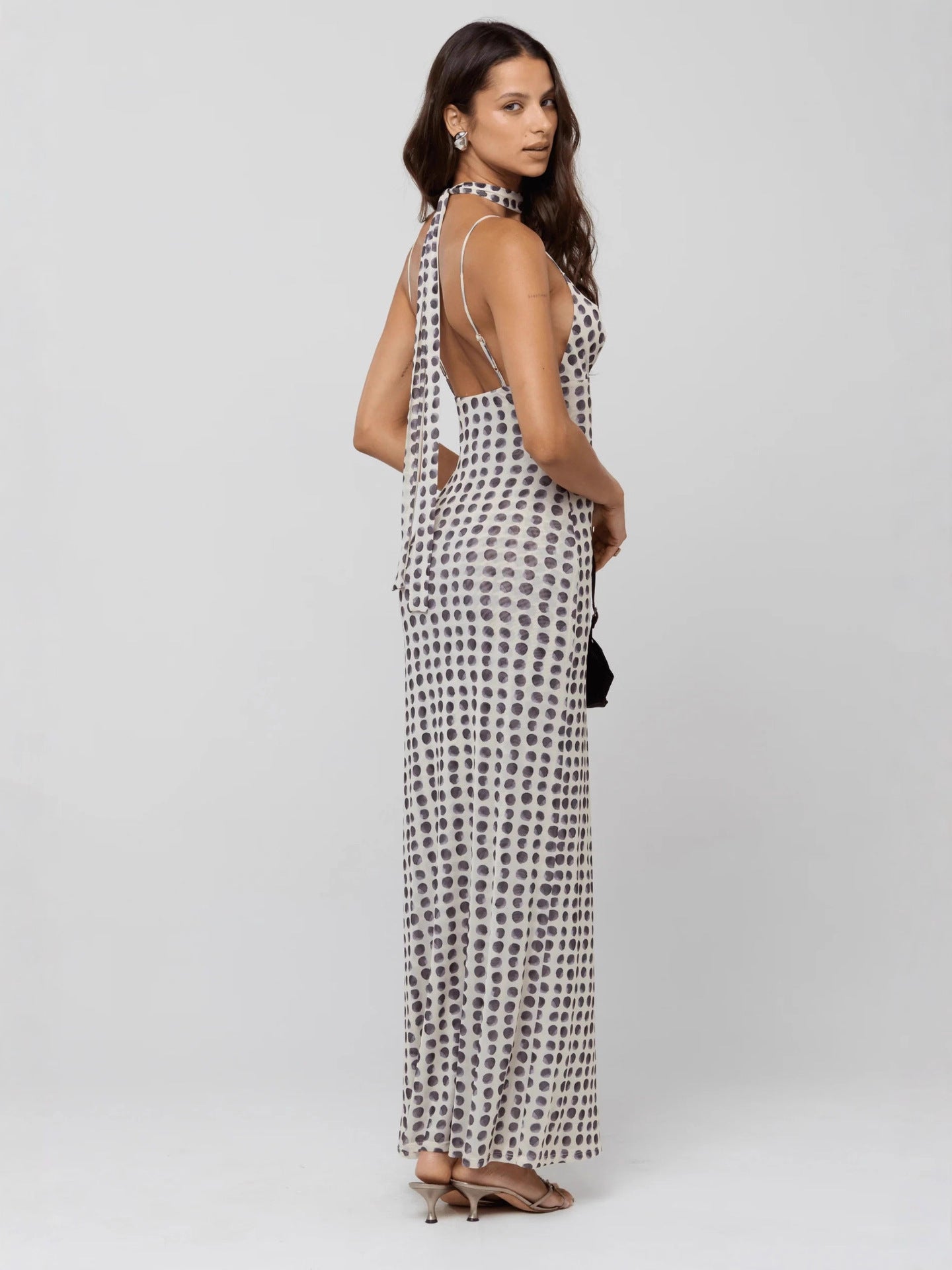 Polka Dot Slim-Fit Maxi Dress with Deep V-Neck and Scarf