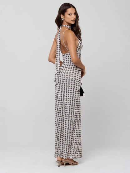 Polka Dot Slim-Fit Maxi Dress with Deep V-Neck and Scarf