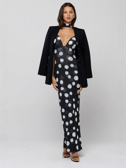 Polka Dot Slim-Fit Maxi Dress with Deep V-Neck and Scarf