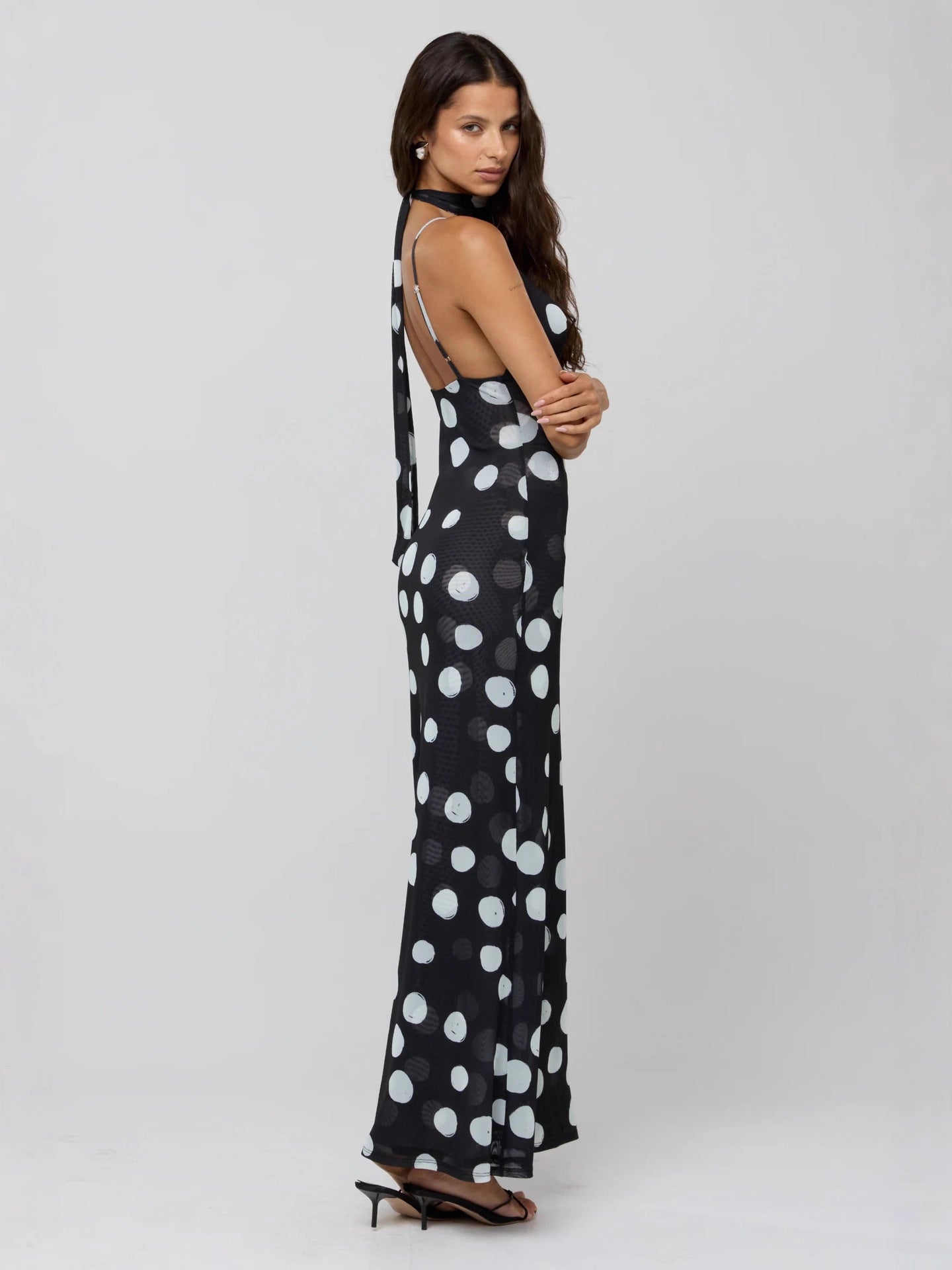 Polka Dot Slim-Fit Maxi Dress with Deep V-Neck and Scarf