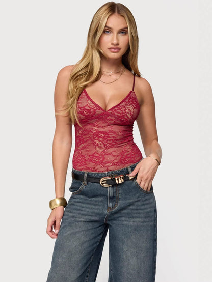Slim Fit Lace Camisole with V-Neck and Spaghetti Straps