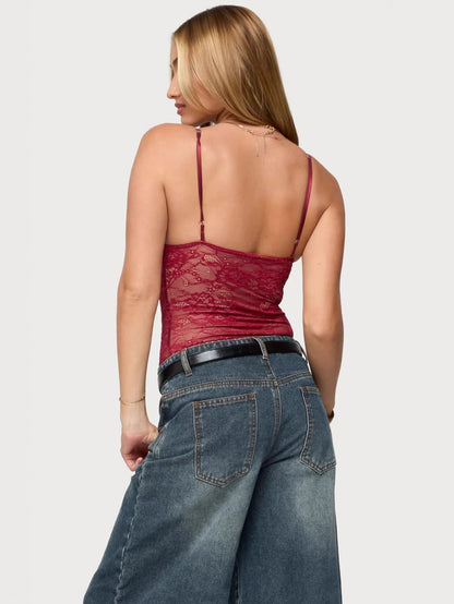Slim Fit Lace Camisole with V-Neck and Spaghetti Straps