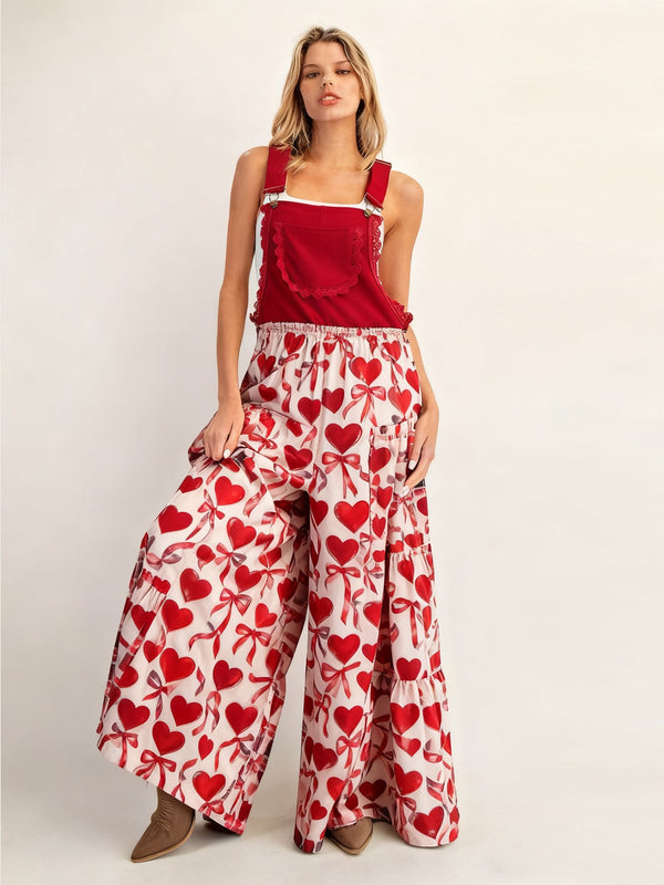 Tiered Heart Print Wide-Leg Overalls with Bib Front