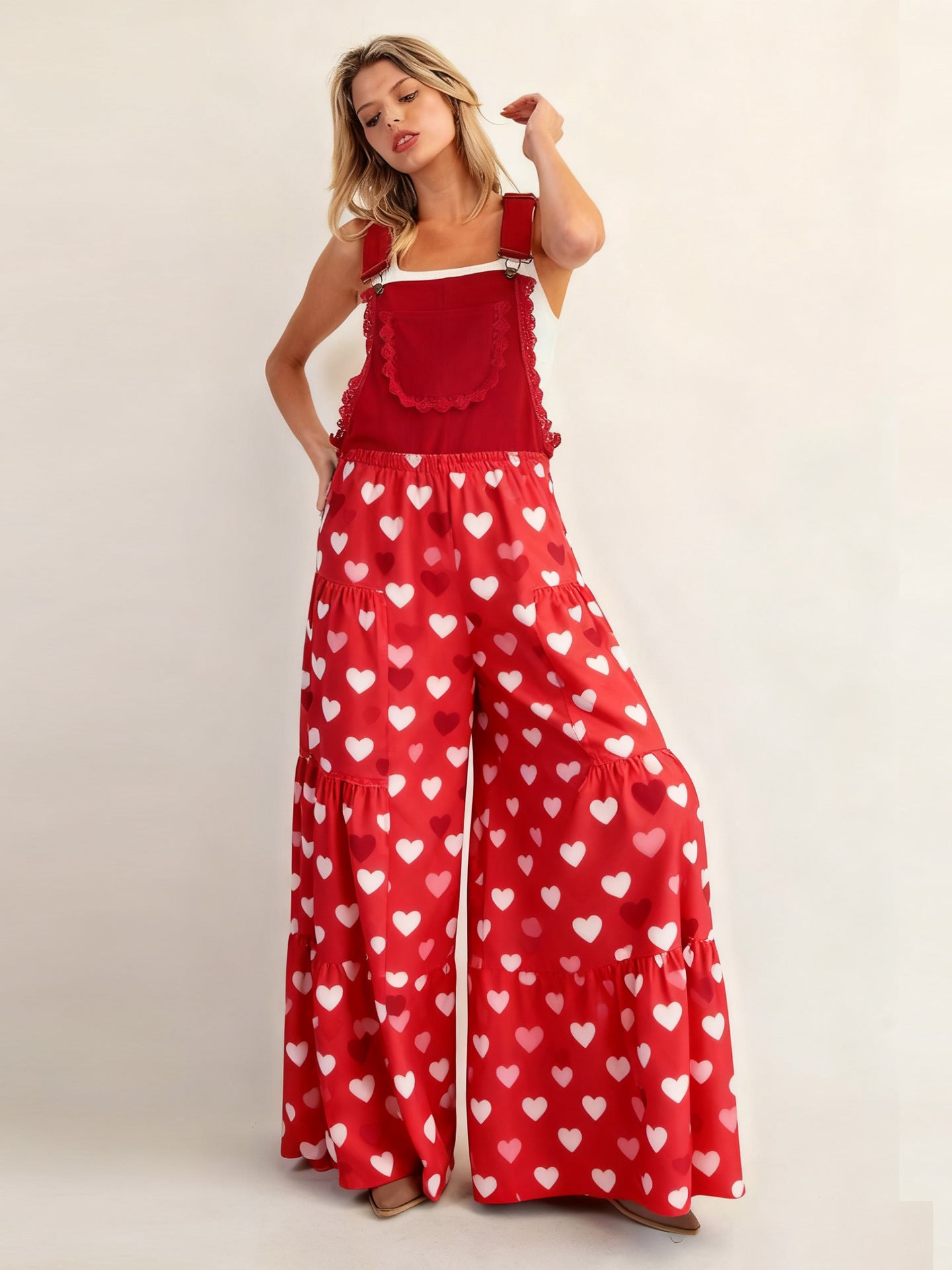 Tiered Heart Print Wide-Leg Overalls with Bib Front