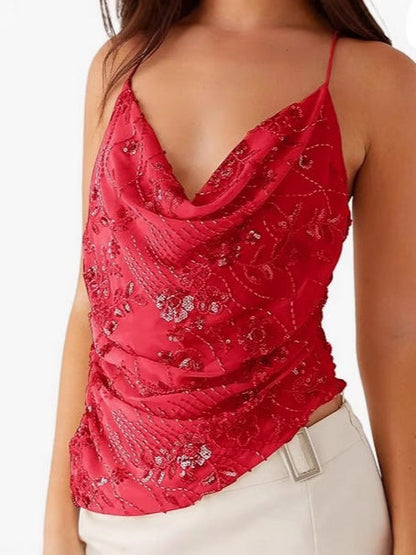 Sequined Cowl Neck Cami with Floral Embroidery