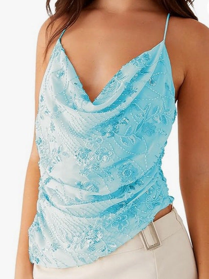 Sequined Cowl Neck Cami with Floral Embroidery