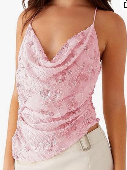 Sequined Cowl Neck Cami with Floral Embroidery