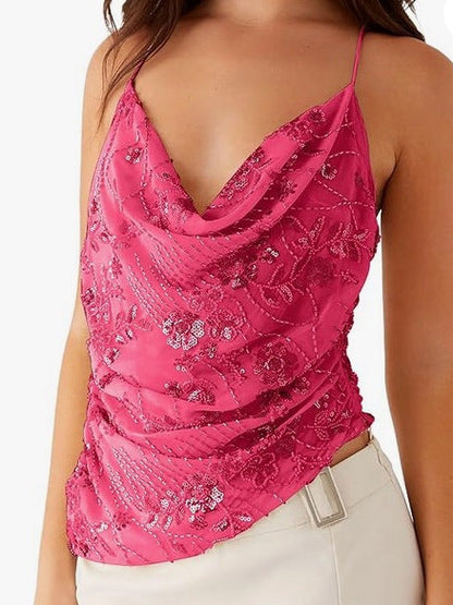 Sequined Cowl Neck Cami with Floral Embroidery