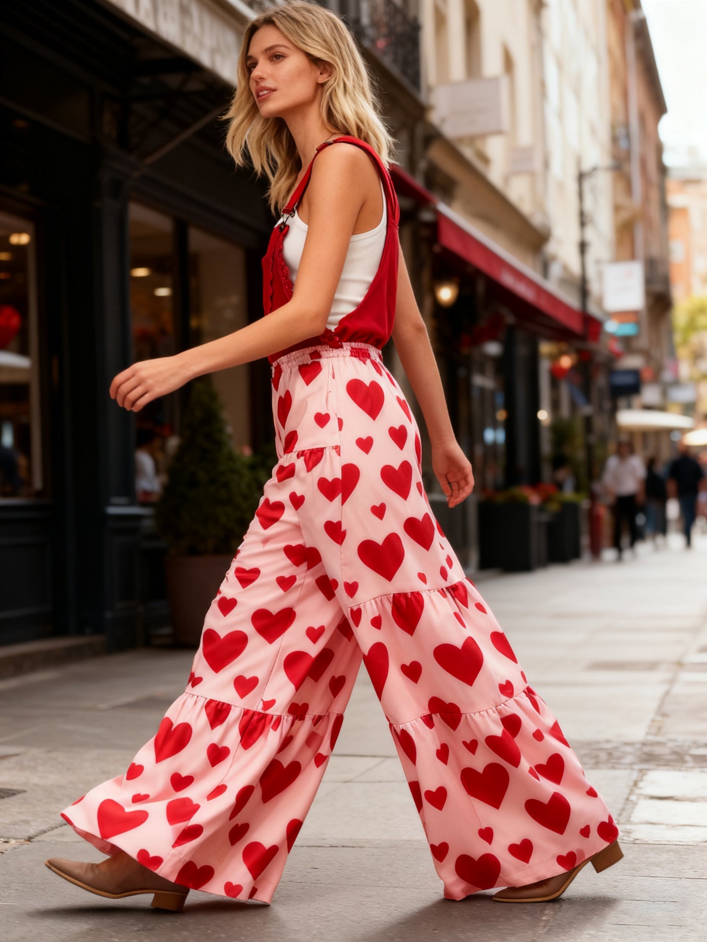 Tiered Heart Print Wide-Leg Overalls with Bib Front