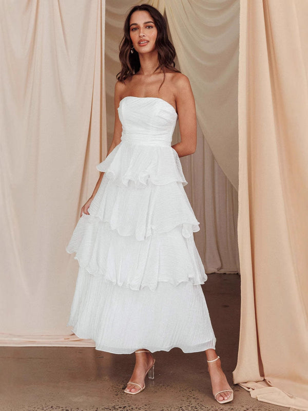 Strapless Tiered Midi Dress with Layered Ruffles