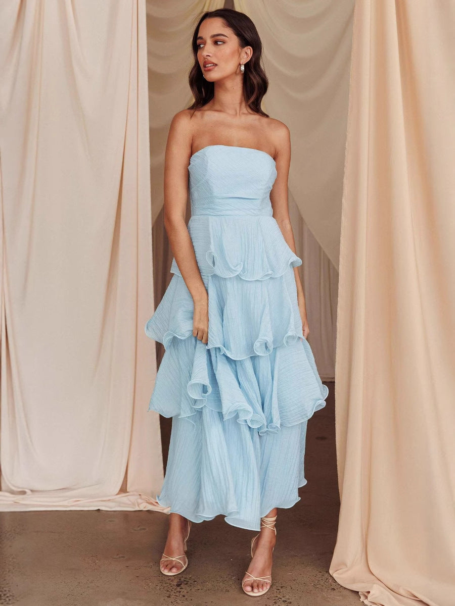 Strapless Tiered Midi Dress with Layered Ruffles