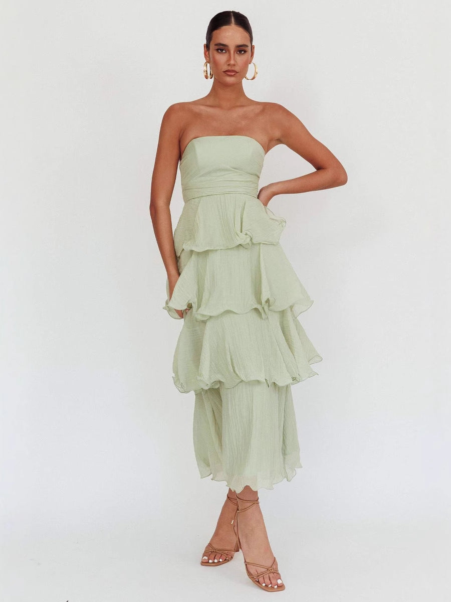 Strapless Tiered Midi Dress with Layered Ruffles