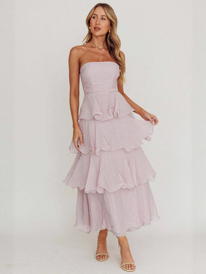 Strapless Tiered Midi Dress with Layered Ruffles
