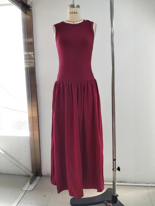 Sleeveless A-Line Maxi Dress with Gathered High Waist