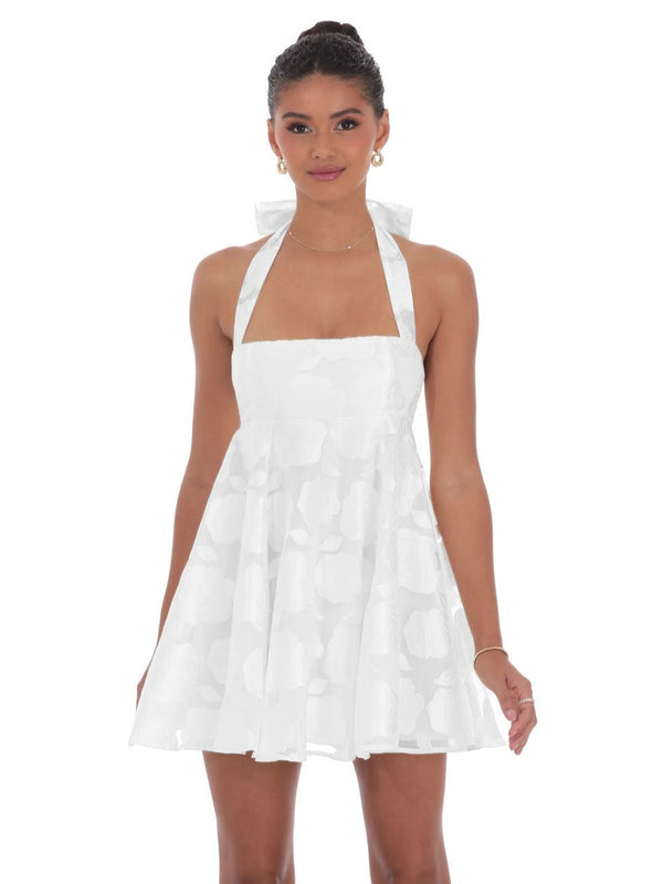 A-Line Halter Mini Dress with Floral Burnout and Back Bow