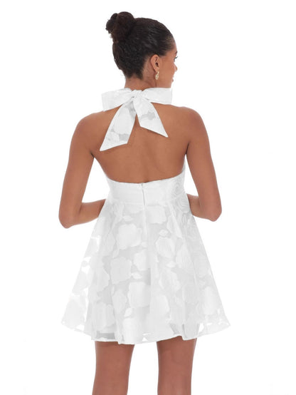 A-Line Halter Mini Dress with Floral Burnout and Back Bow