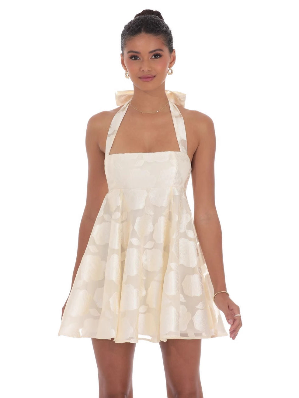 A-Line Halter Mini Dress with Floral Burnout and Back Bow