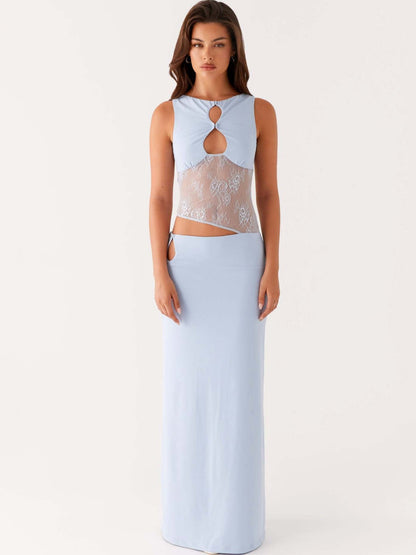 Bodycon Maxi Dress with Asymmetric Lace Panel and Cut-Outs