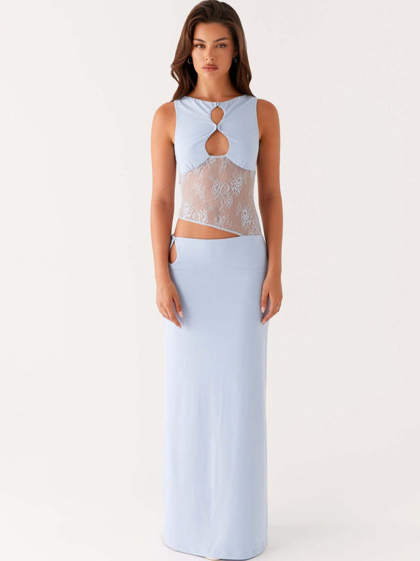 Bodycon Maxi Dress with Asymmetric Lace Panel and Cut-Outs