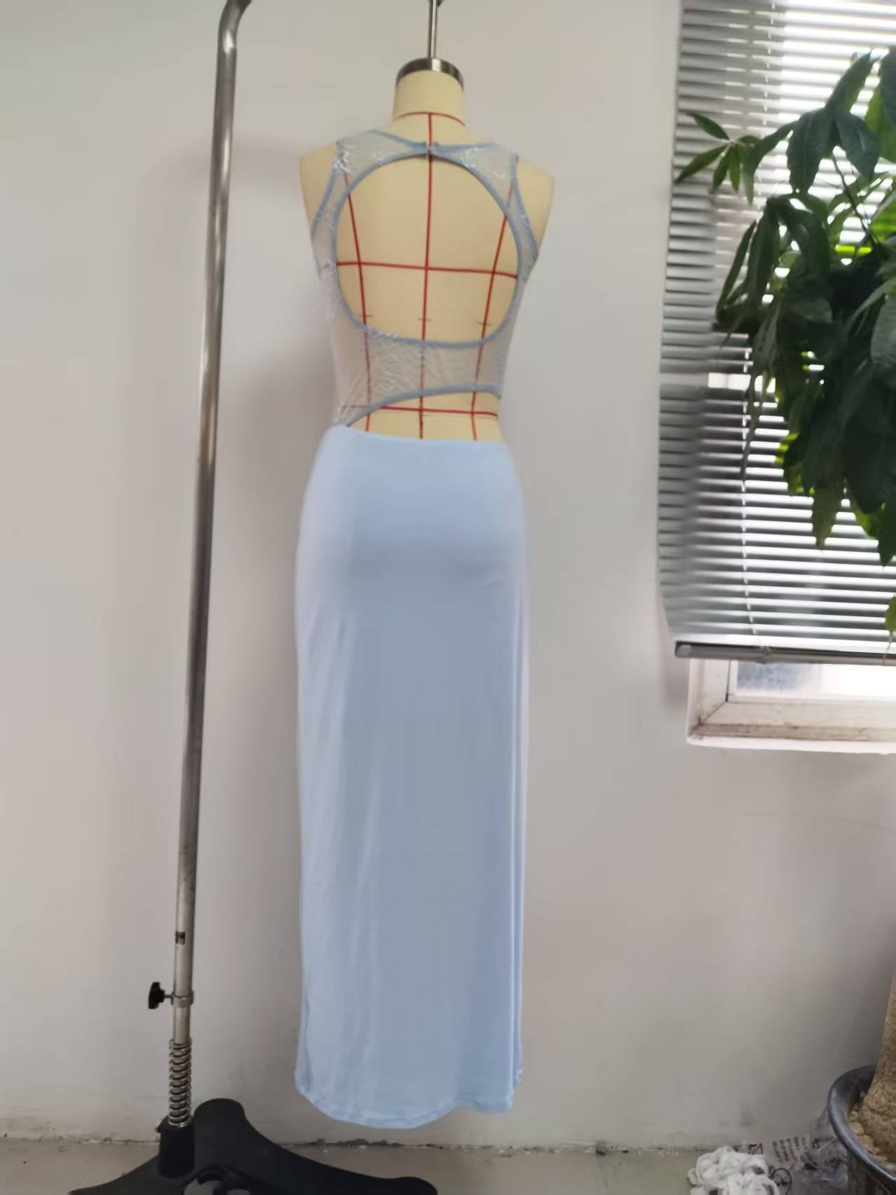 Bodycon Maxi Dress with Asymmetric Lace Panel and Cut-Outs