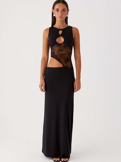 Bodycon Maxi Dress with Asymmetric Lace Panel and Cut-Outs