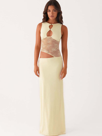 Bodycon Maxi Dress with Asymmetric Lace Panel and Cut-Outs