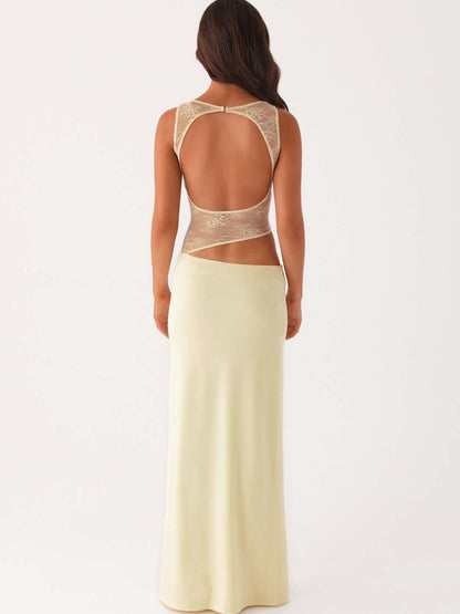Bodycon Maxi Dress with Asymmetric Lace Panel and Cut-Outs