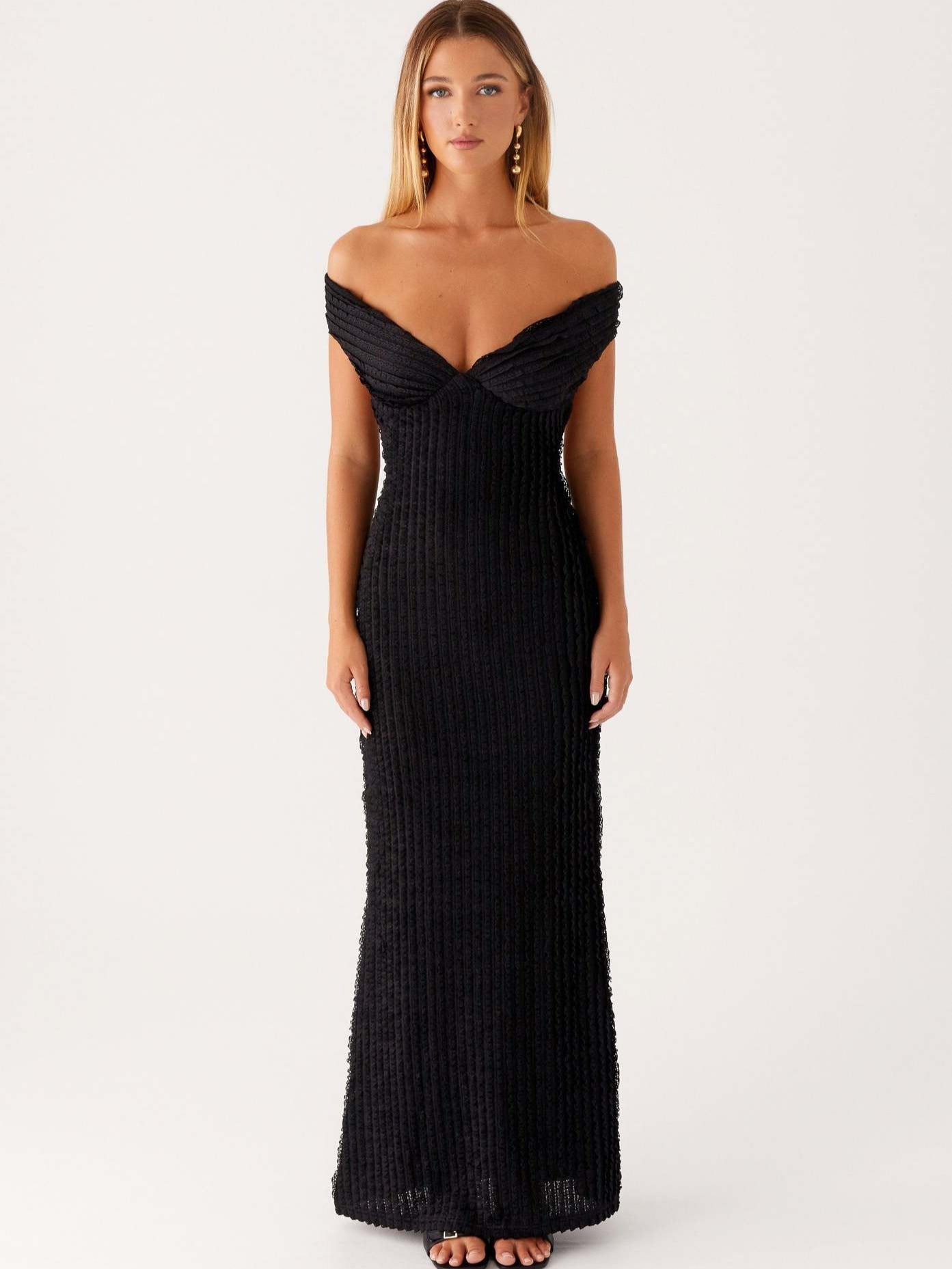 Textured Knit Pencil Maxi Dress with Off-the-Shoulder V-Neck