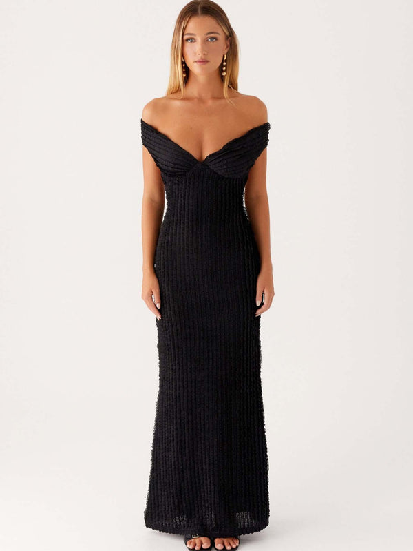 Textured Knit Pencil Maxi Dress with Off-the-Shoulder V-Neck
