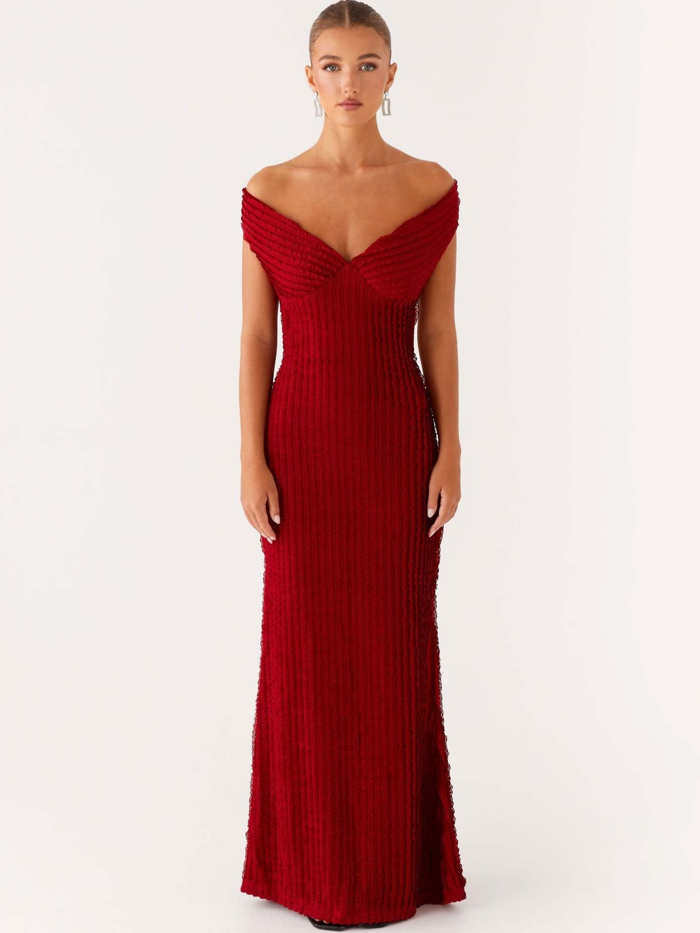 Textured Knit Pencil Maxi Dress with Off-the-Shoulder V-Neck