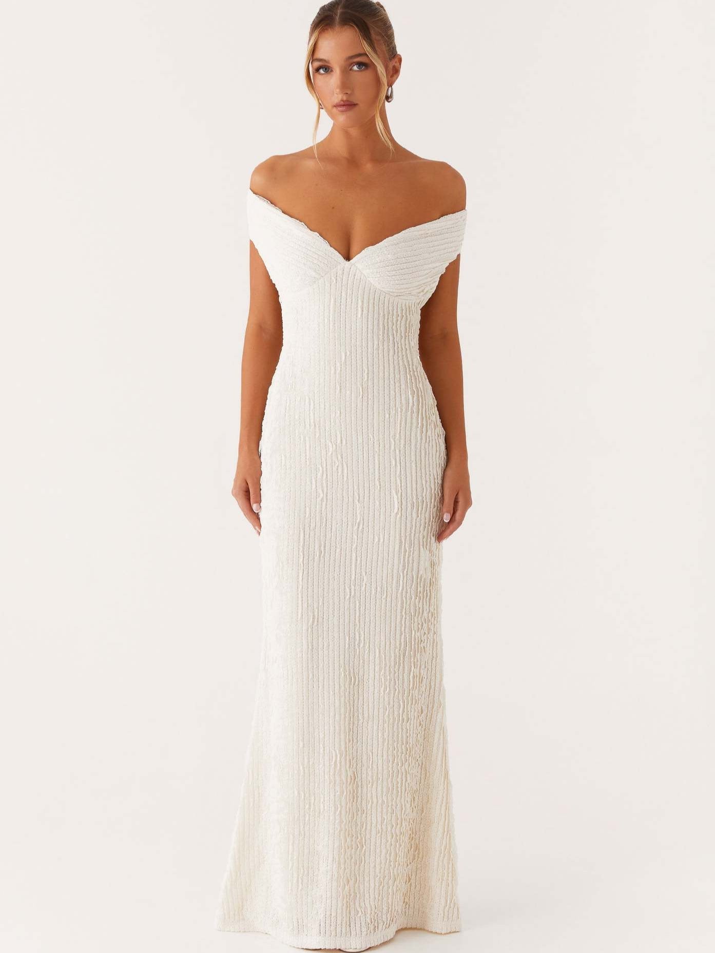 Textured Knit Pencil Maxi Dress with Off-the-Shoulder V-Neck