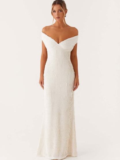 Textured Knit Pencil Maxi Dress with Off-the-Shoulder V-Neck