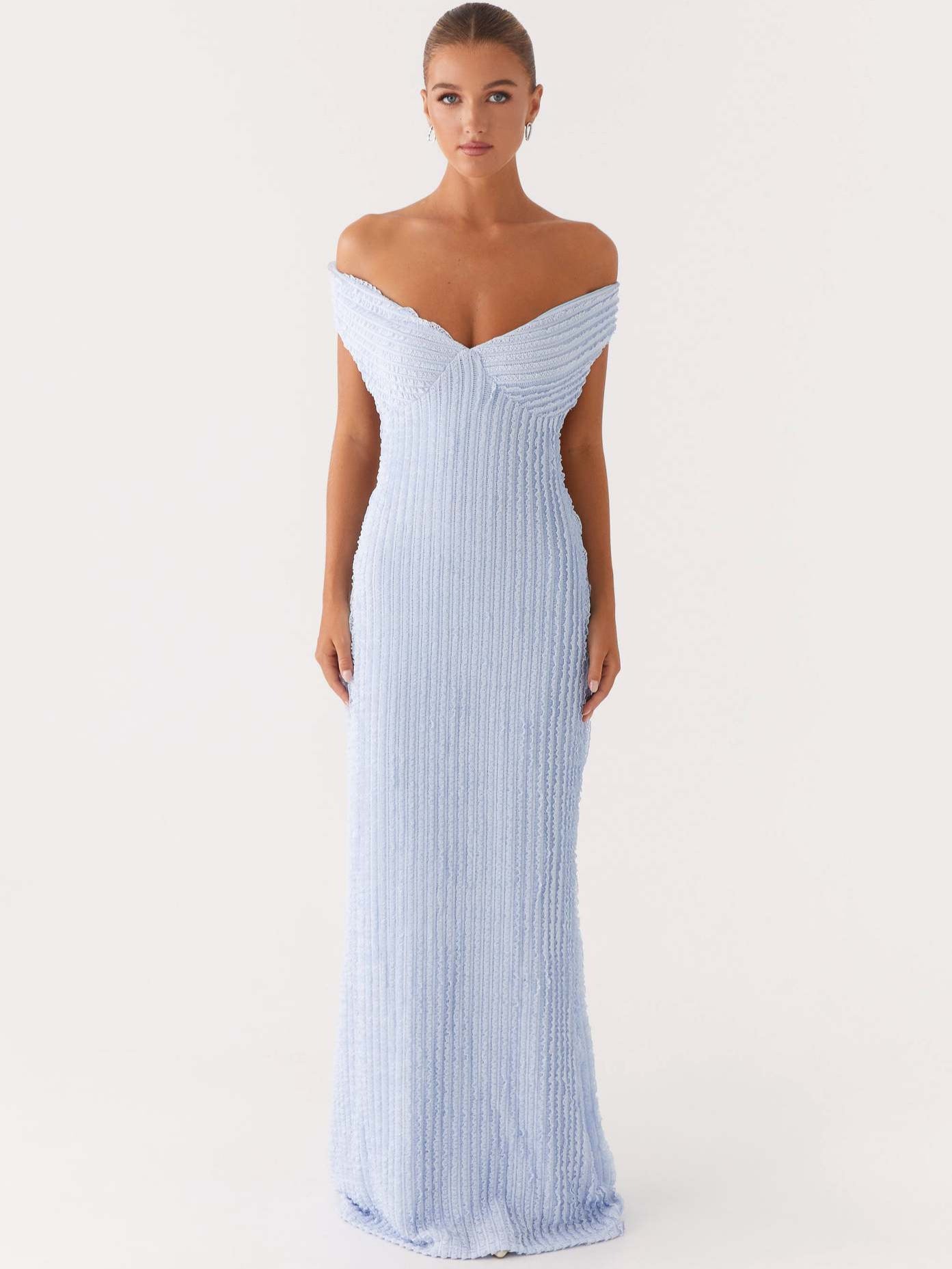 Textured Knit Pencil Maxi Dress with Off-the-Shoulder V-Neck