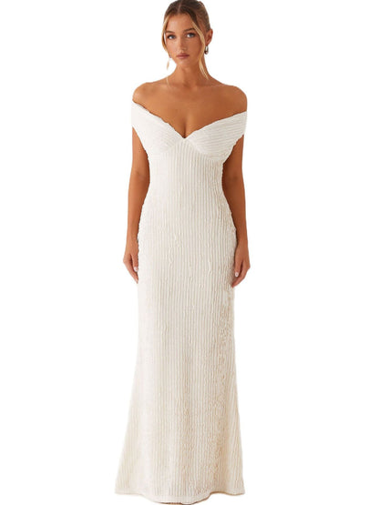 Textured Knit Pencil Maxi Dress with Off-the-Shoulder V-Neck