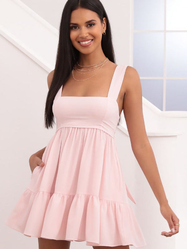 Babydoll Mini Dress with Square Neck and Tie-Back Detail