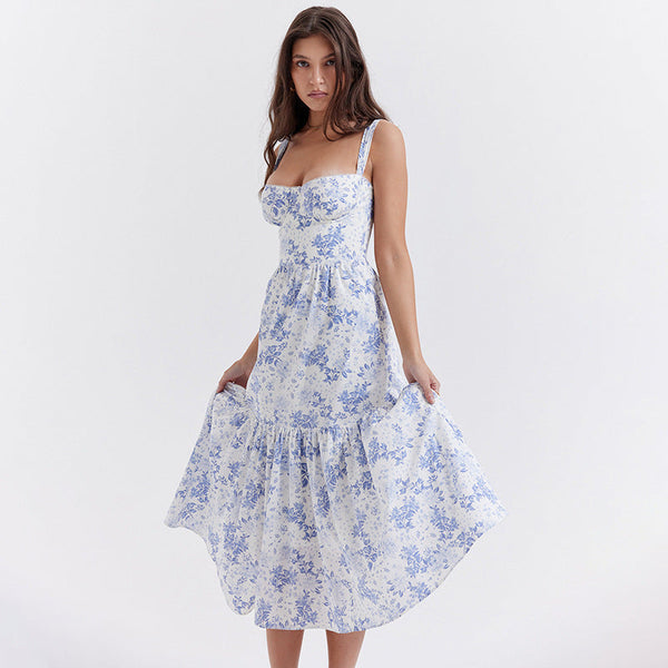 Floral Bustier Midi Dress with Tiered Ruffle Skirt