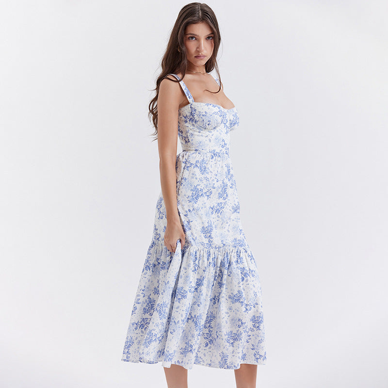 Floral Bustier Midi Dress with Tiered Ruffle Skirt