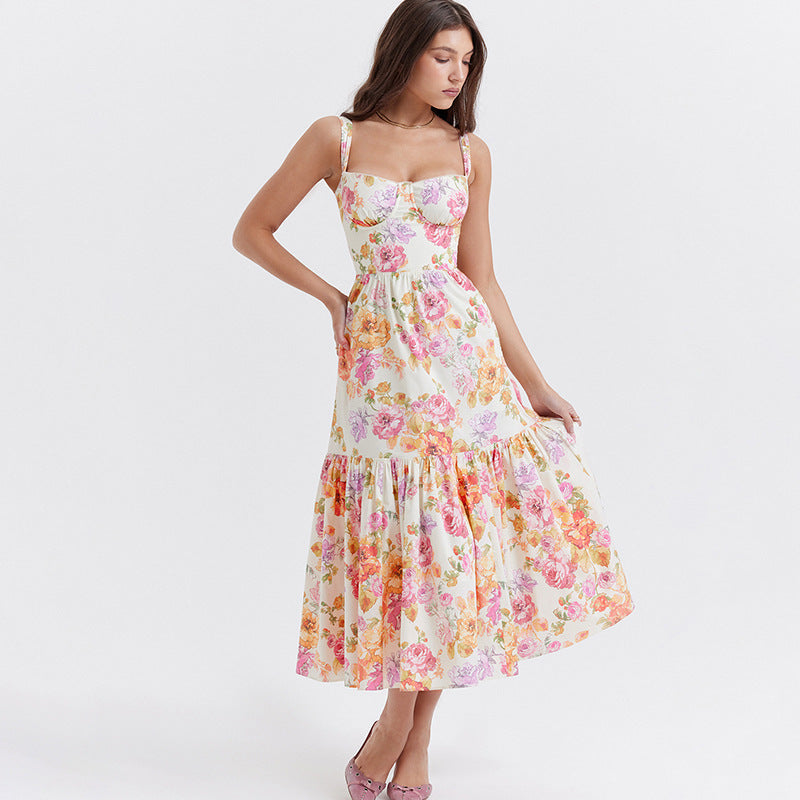Floral Bustier Midi Dress with Tiered Ruffle Skirt
