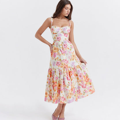 Floral Bustier Midi Dress with Tiered Ruffle Skirt