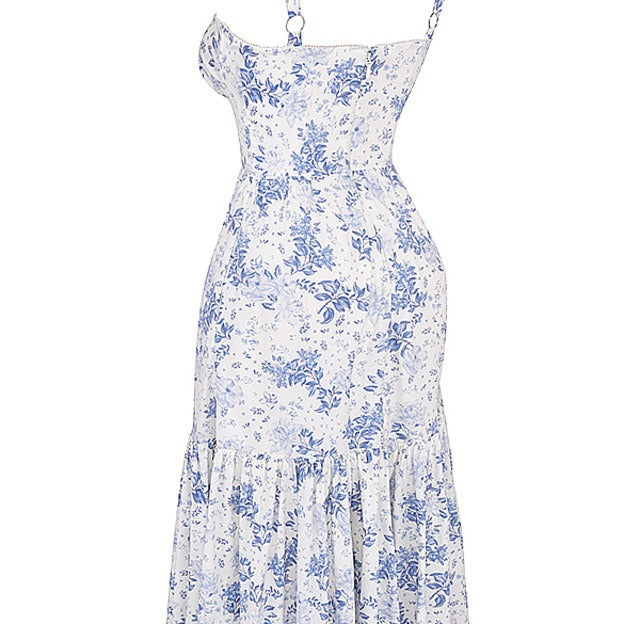 Floral Bustier Midi Dress with Tiered Ruffle Skirt
