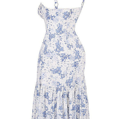 Floral Bustier Midi Dress with Tiered Ruffle Skirt